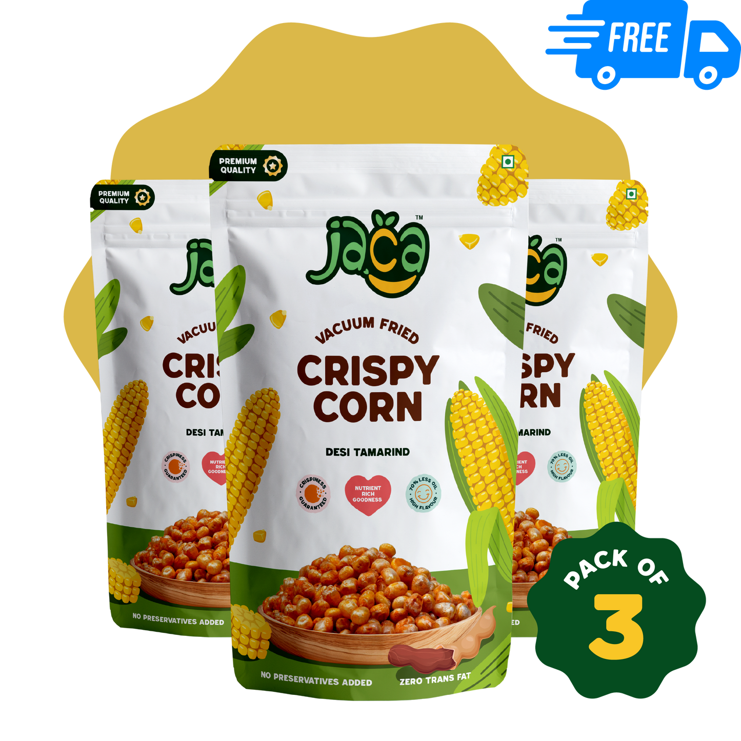 Jaca Vacuum-Fried Crispy Corn Chips | Puff Corn (Desi Tamarind) - Combo of 3
